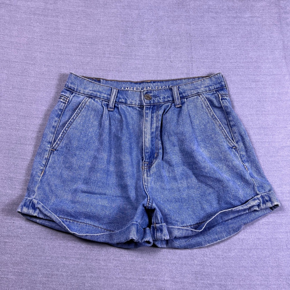 American Eagle Mom‎ Short Pleated High Rise Denim Shorts Womens 4 Blue
